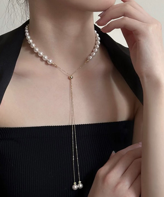 White Copper Alloy Pearl Tassel Charm Bracelet and Gratuated Bead Necklace Two Piece Set