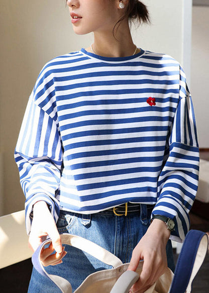 Blue White Striped Embroideried Loose Cotton Top Long Sleeve Spring
