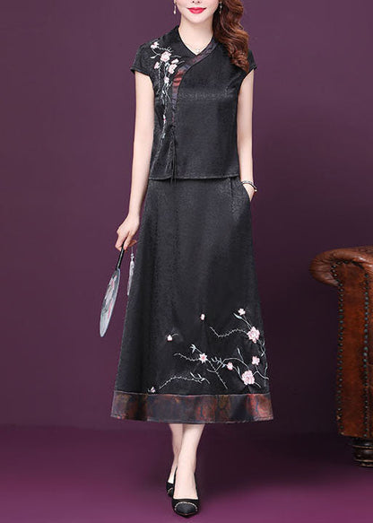 Italian Black Embroideried Patchwork Tops and Skirts Silk Two-piece Summer
