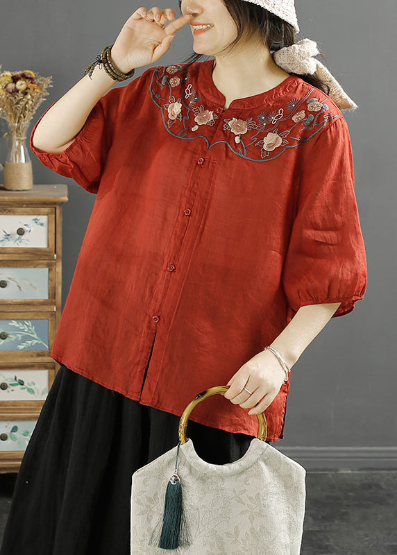 Chinese Style Khaki Embroideried Linen Shirt Tops Lantern Sleeve