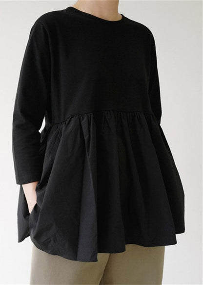 Modern Black O-neck Ruffled Patchwork Cotton T Shirt Top Spring