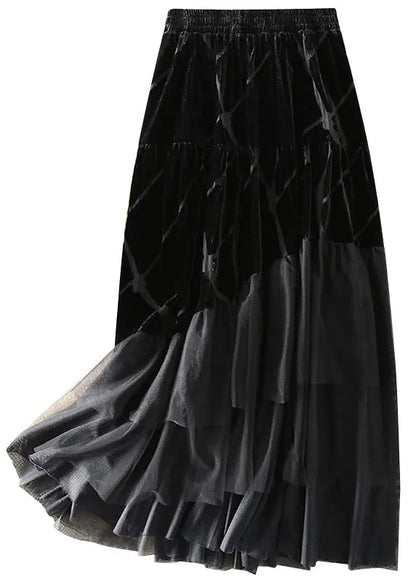 Diy Black Tulle Patchwork Silk Velour Skirt Spring