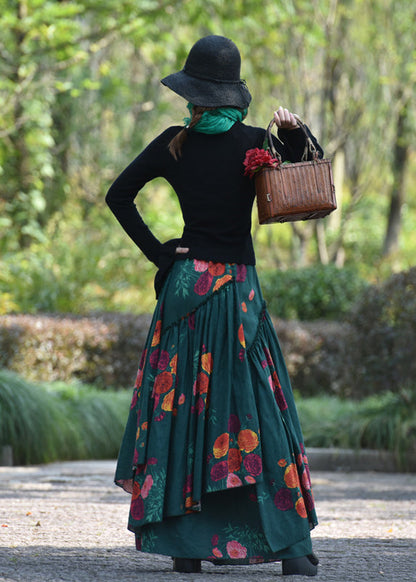 Red Wrinkled Asymmetrical Print Lace Up Cotton Maxi Skirt Spring