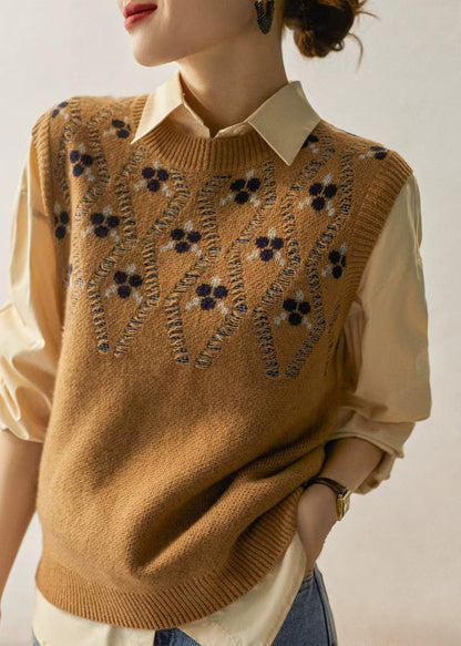 Camel O Neck Jacquard Woolen Vest Sleeveless Fall