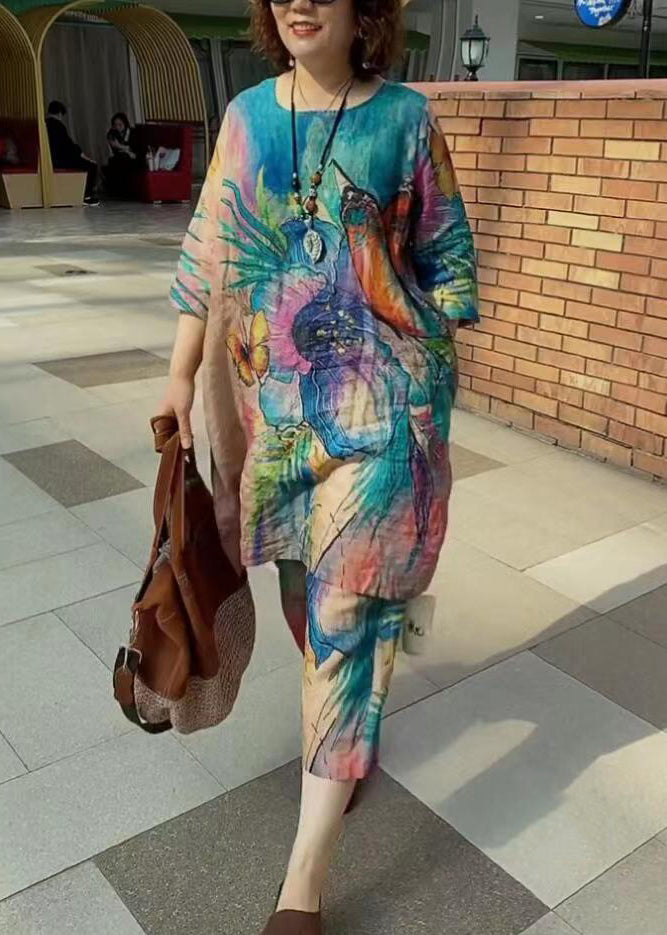 French Blue O-neck Butterfly Print Linen Two Piece Suit Set Half Sleeve