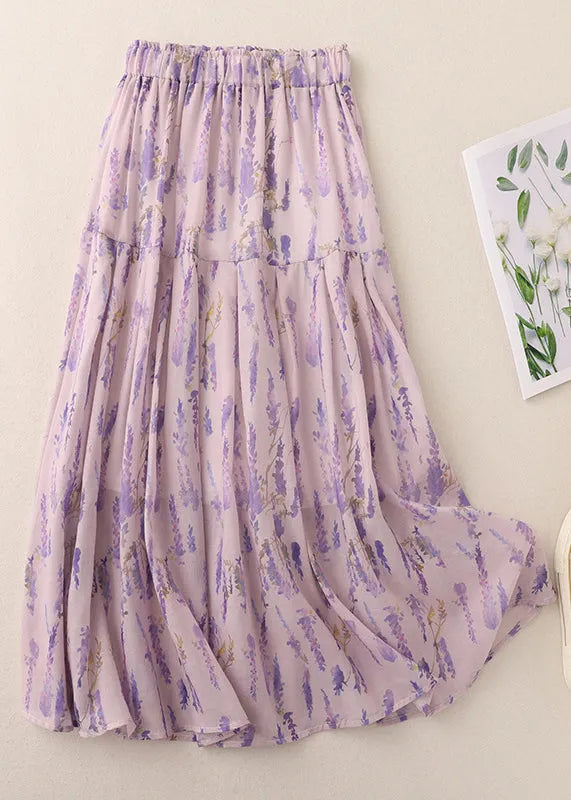Purple Print Elastic Waist Cotton Skirt Summer