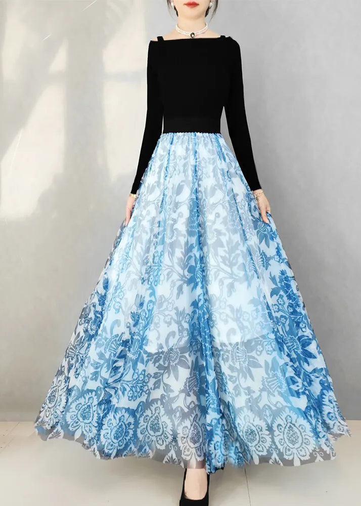 Blue Print High Waist Exra Large Hem Tulle Skirts Spring