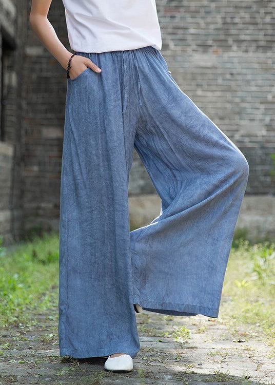 Denim Blue Elastic Waist Pockets Cotton Straight Pants Fall