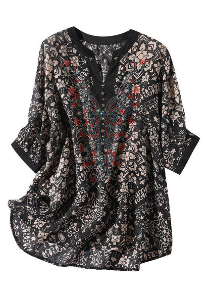 Black V Neck Print Silk Shirt for Short Sleeve