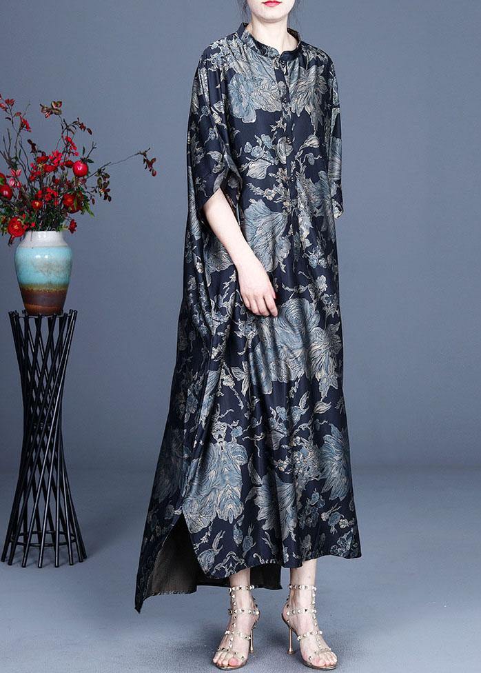 Comfy Black Print Summer Silk Side Open Dress
