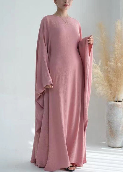 Loose Pink O Neck Ice Silk Maxi Dresses Batwing Sleeve