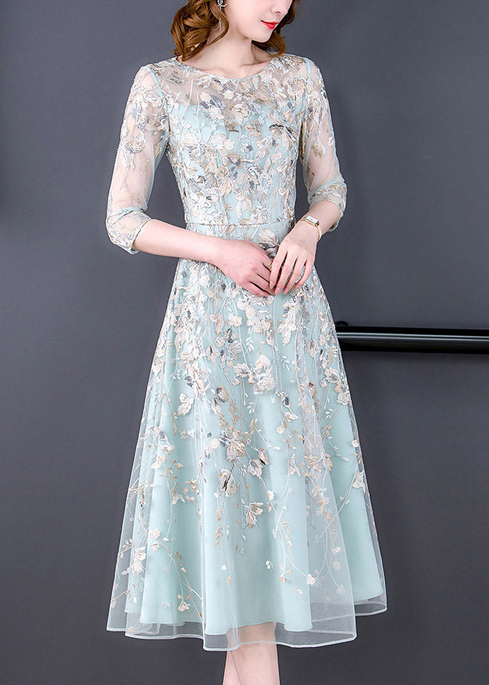 Water Blue O-neck Embroideried Tunic Organza Long Dress Half Sleeve