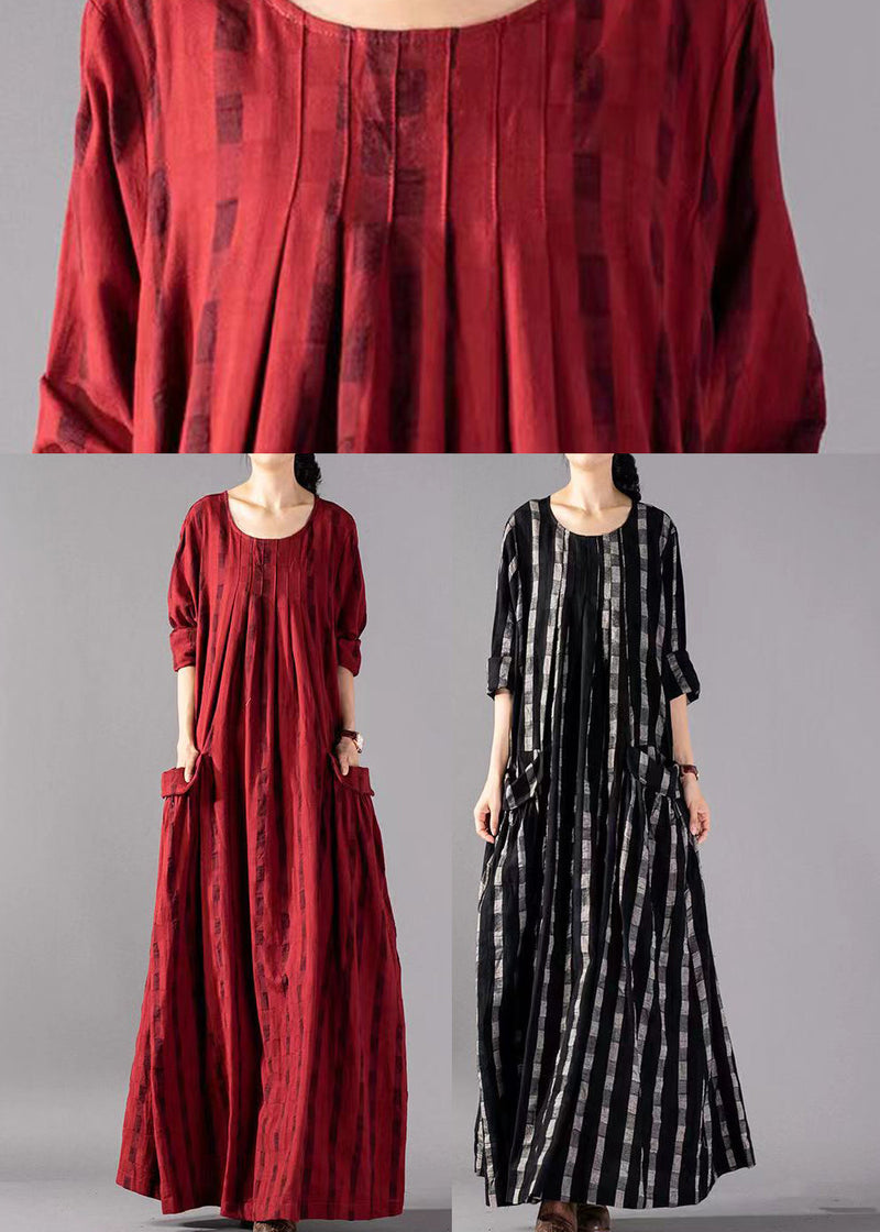 Black O-neck Plaid Print Cotton Long Dresses Long Sleeve
