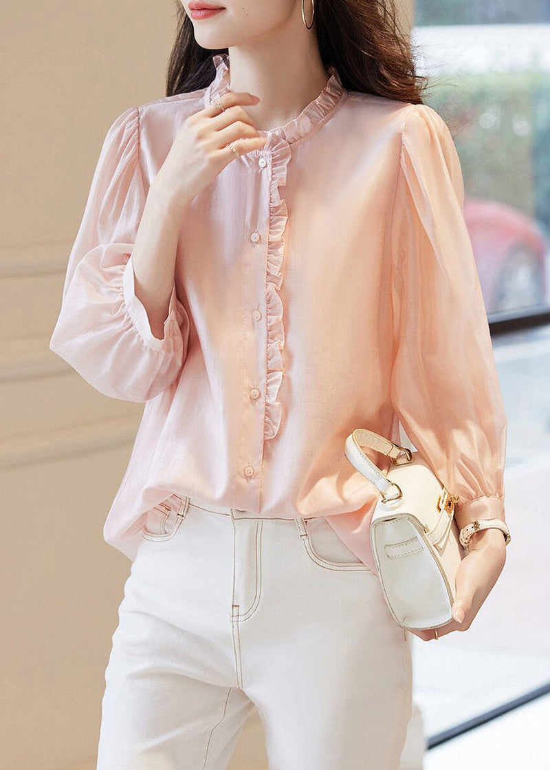 New Pink O-neck Ruffled Button Chiffon Tops Spring