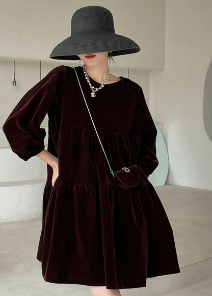 Chocolate O-neck Velour Vacation Dress Spring