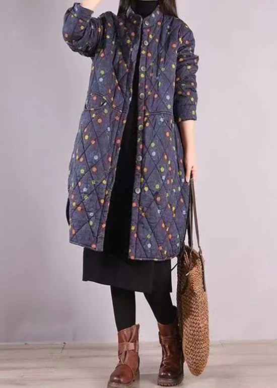 Blue Stand Collar Pockets Patchwork Fine Cotton Filled Coat Winter