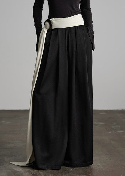 Stylish Black Wrinkled Elastic Waist Silk Pants Fall