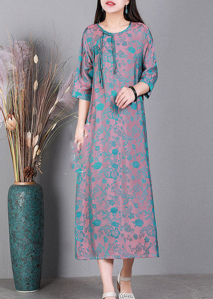 Blue O-neck Print Side Open Silk Dress Half Sleeve