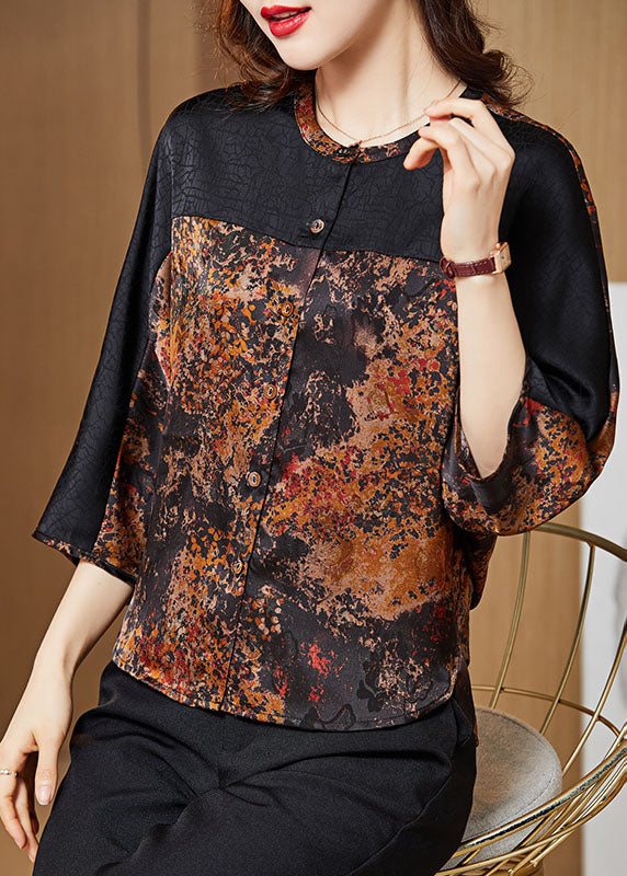 Yellow Print O-neck Button Patchwork Silk Shirt Tops Bracelet Sleeve