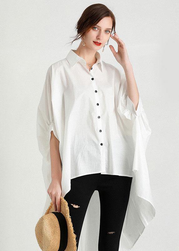 Style White Peterpan Collar Asymmetrical Design Summer Cotton Shirt Top Half Sleeve