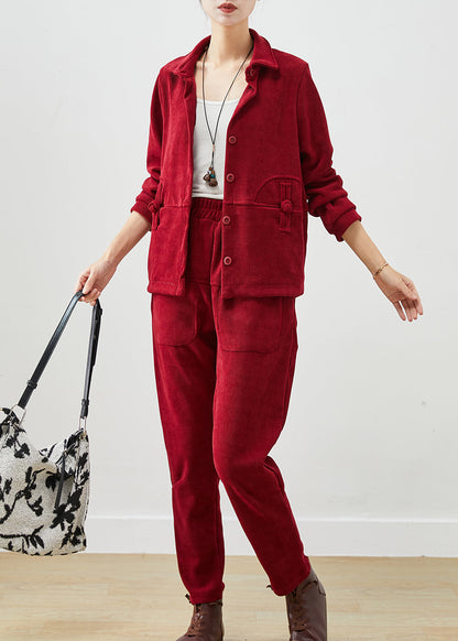 Mulberry Chinese Button Patchwork Warm Fleece Two Pieces Set Winter