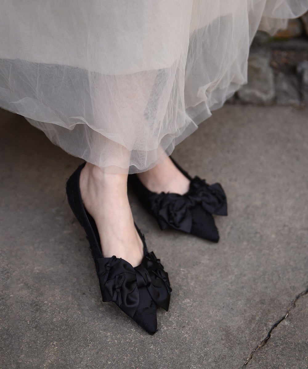 Silver Grey Bow Splicing Flat Feet Shoes Pointed Toe