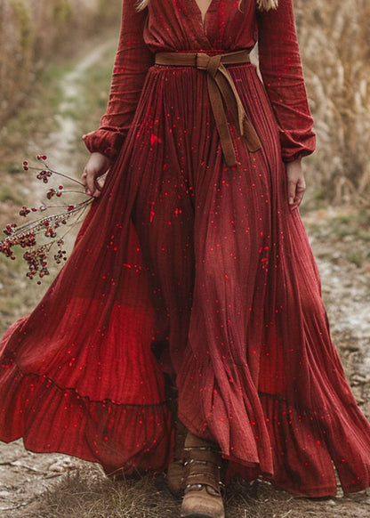 Red V Neck Wrinkled Patchwork Cotton Dress Long Sleeve