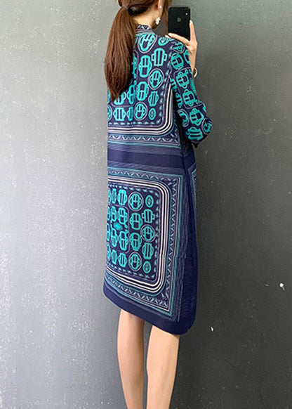 Blue Turtleneck Print Patchwork Holiday Dress Long Sleeve