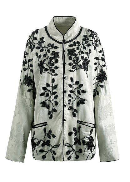 Original Stand Collar Embroideried Silk Two Piece Suit Set Fall