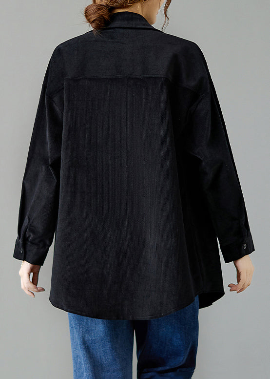 Black Peter Pan Collar Pockets Patchwork Corduroy Coats Fall