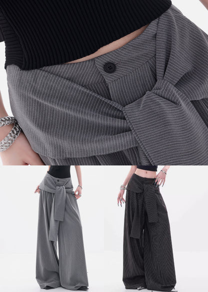 Black Striped Button Spandex Fall Pants High Waist