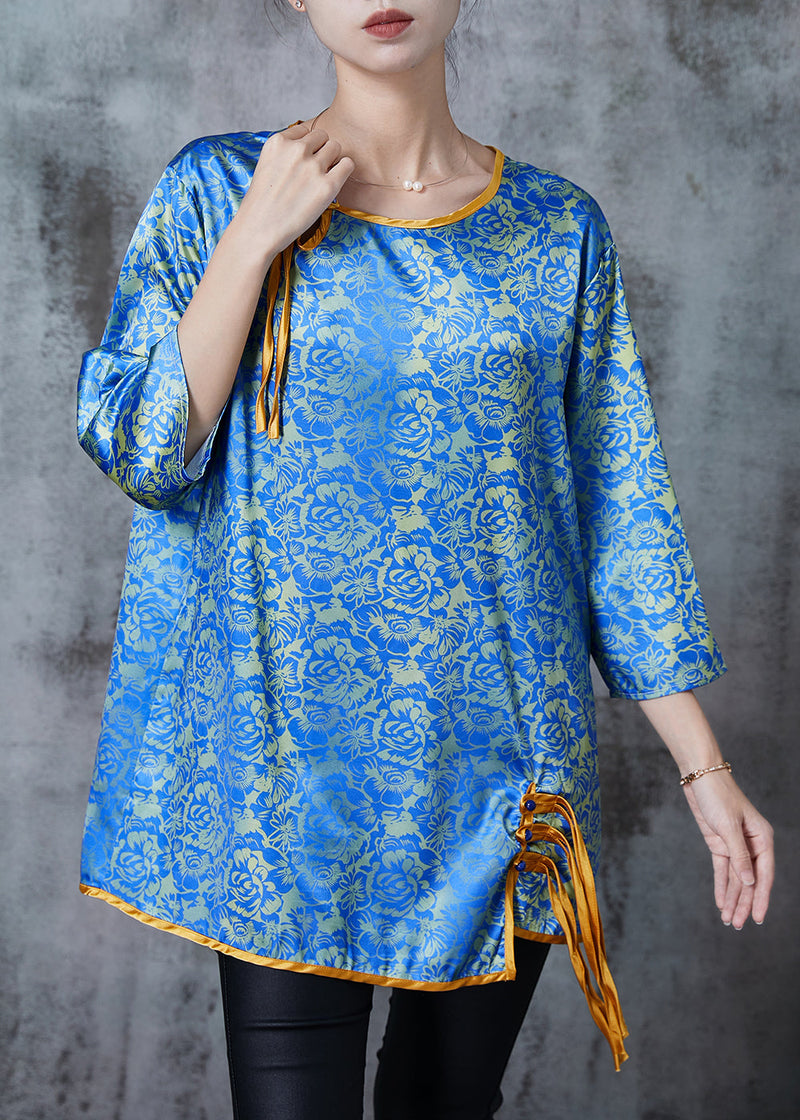Blue Tasseled Print Silk Blouses Bracelet Sleeve