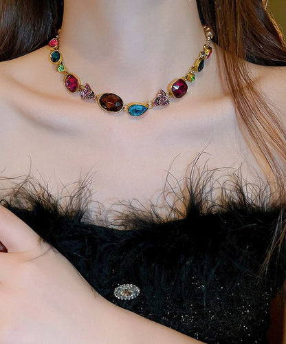 Gold Agate Pearl Zircon Gem Stone Collar Necklace