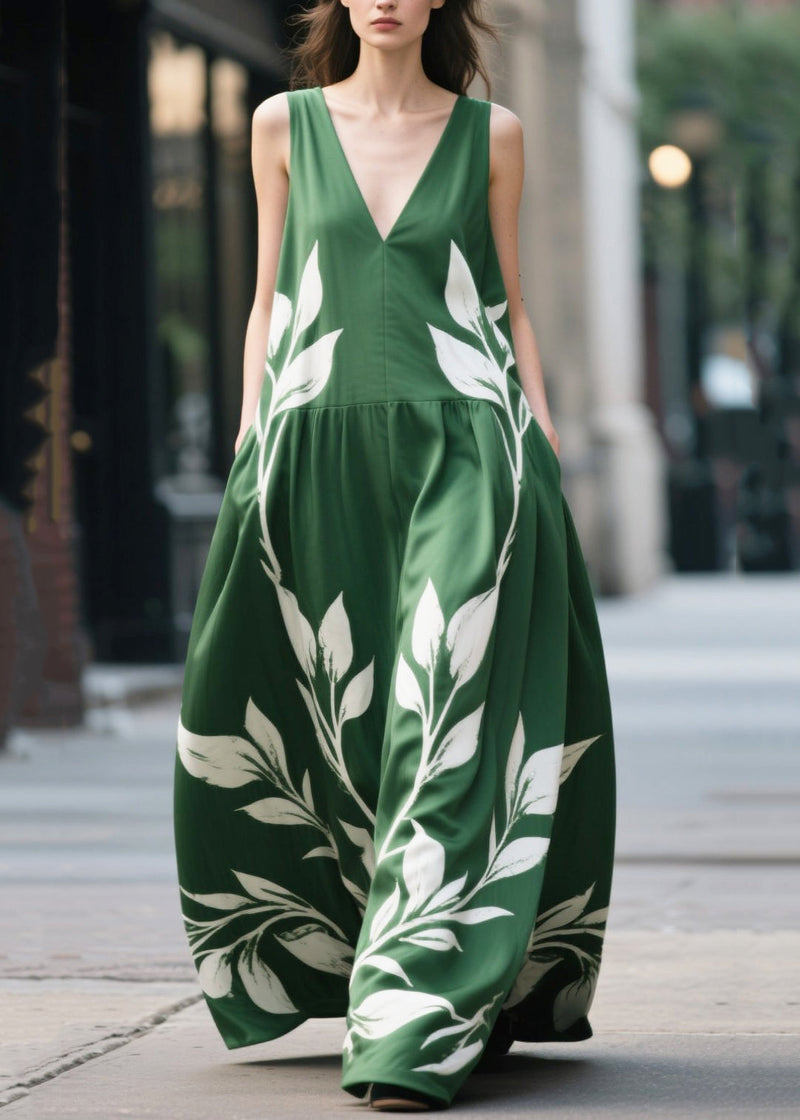 Green Oversized Print Chiffon Maxi Dress Summer