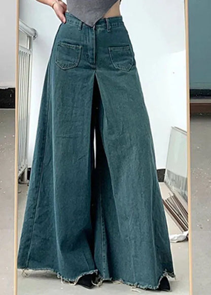 Blue Pockets Draping Wide Leg Jeans Spring