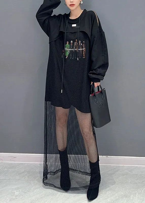 Style Black O-neck Print Tulle Patchwork Fake Two Pieces Long Dresses Fall