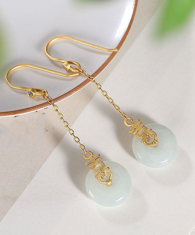 White Sterling Silver Ancient Gold Jade Zircon Ping Buckle Drop Earrings