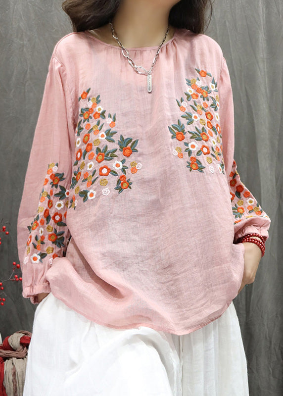 Beige O-neck Embroidered Linen Shirt Top Fall