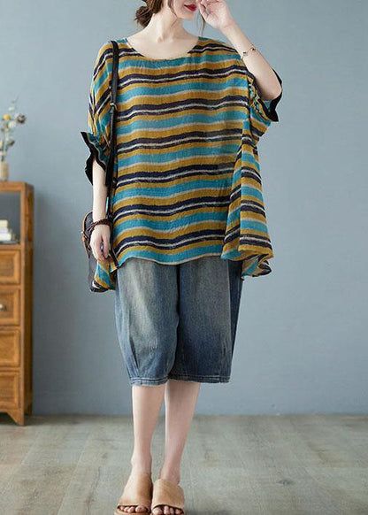 Italian Blue Asymmetric Striped Tee Batwing Sleeve
