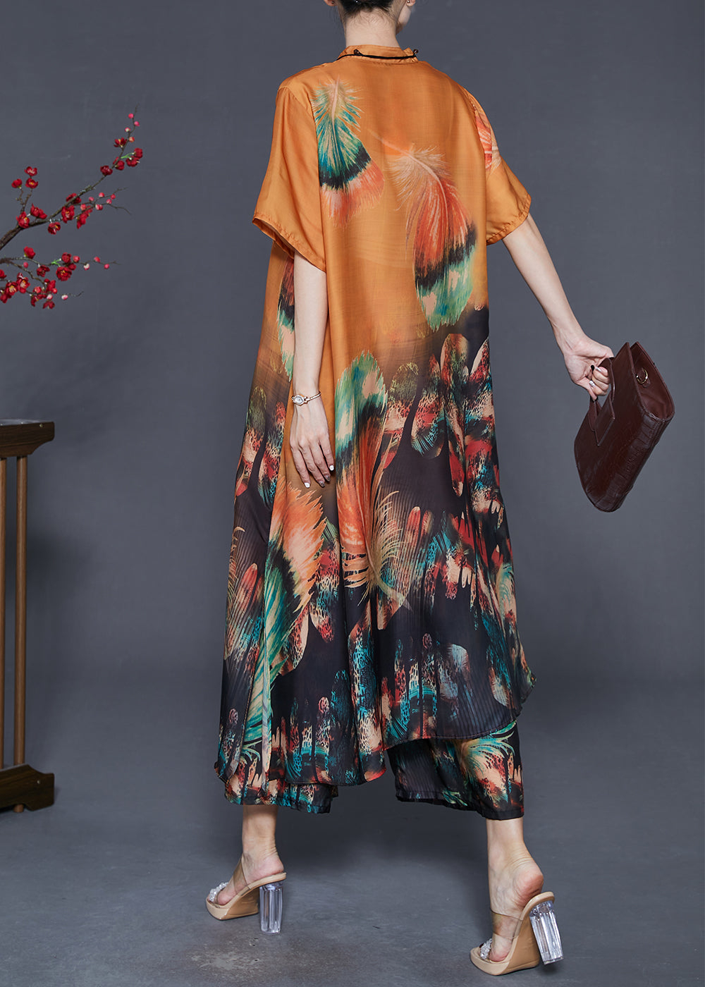 Style Orange Oversized Print Silk Two-piece Set Summer