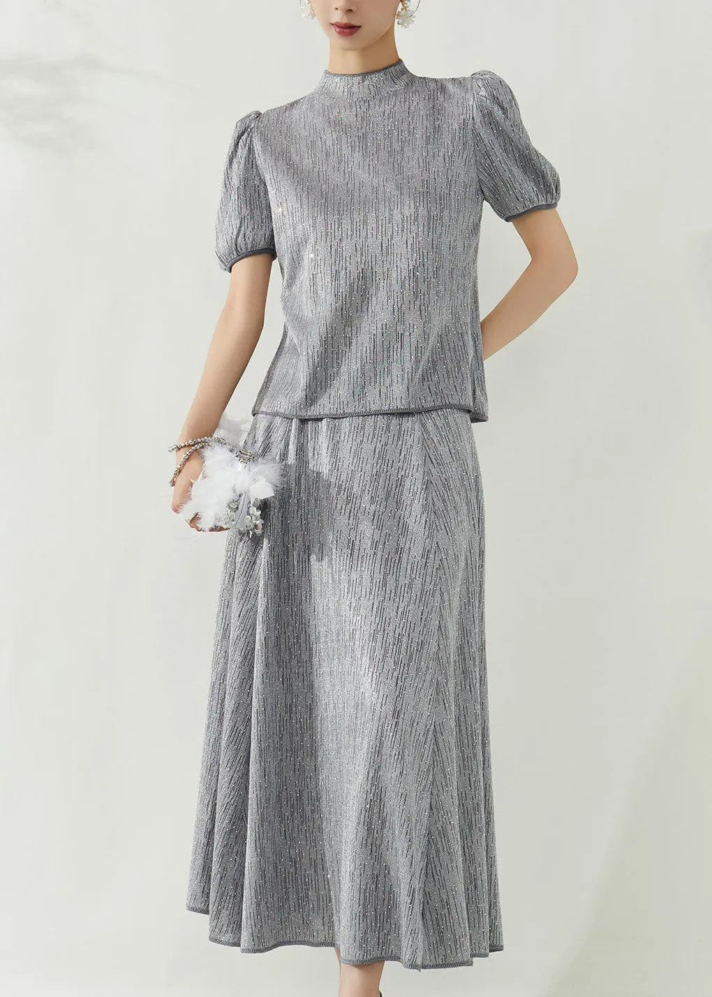 Grey Turtleneck Top and Maxi Skirts Two Pieces Set Puff Sleeve