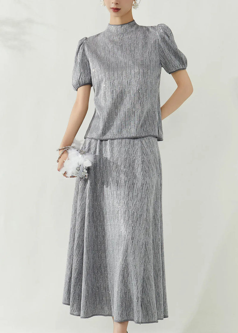 Grey Turtleneck Top and Maxi Skirts Two Pieces Set Puff Sleeve