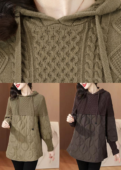 Khaki Hooded Knit Patchwork Thick Tops Long Sleeve