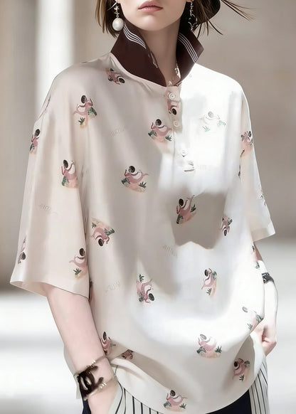 Peter Pan Collar Print Patchwork Silk Shirts Half Sleeve