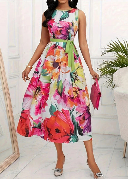 Red O-neck Print Tie Waist Maxi Dress Sleeveless Summer