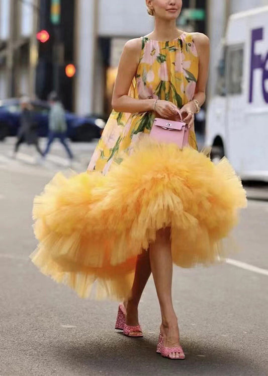 Yellow Print Exra Large Hem Party Dress Sleeveless Summer
