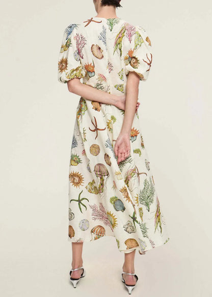 Fitted O Neck Print Cotton Long Dress Lantern Sleeve