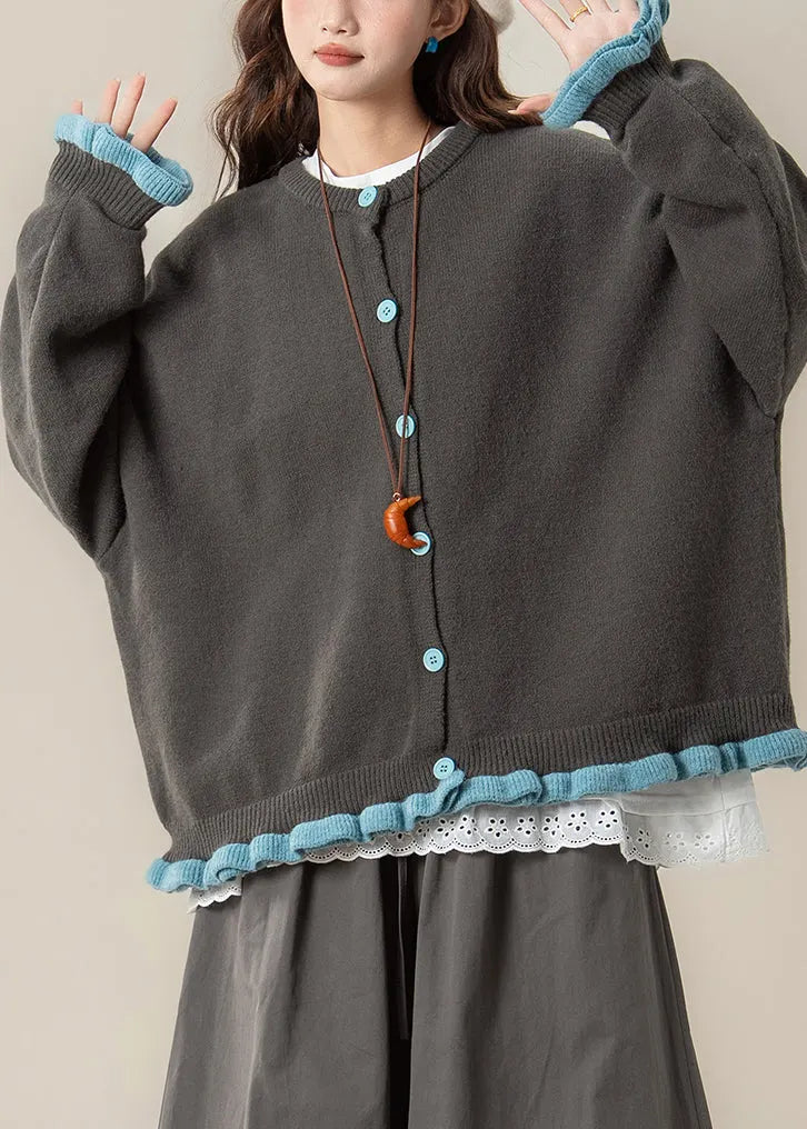 Loose Grey Ruffled Button Patchwork Knit Coats Spring