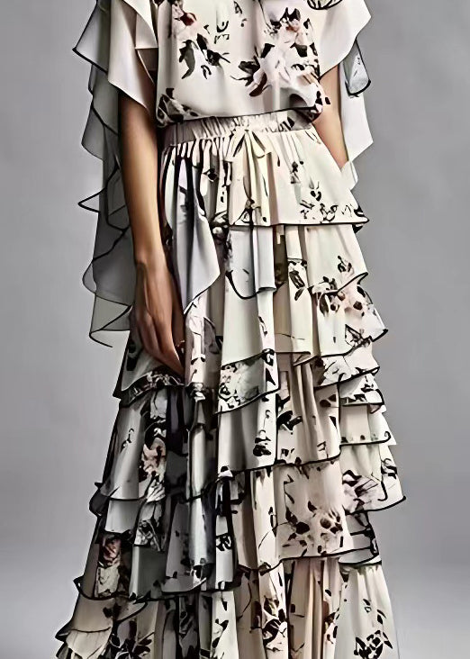 Black Ruffled Print Silk Two Pieces Set Summer