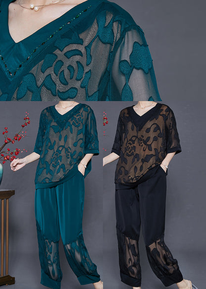 Black Patchwork Silk Two Pieces Set Hollow Out Summer